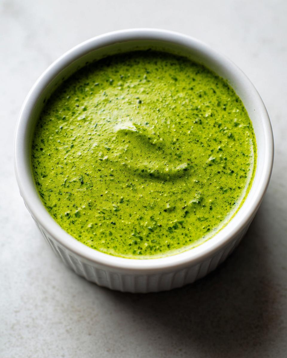 Close-up of thick, bright green Homemade Green Goddess Dressing in a small white ceramic ramekin.