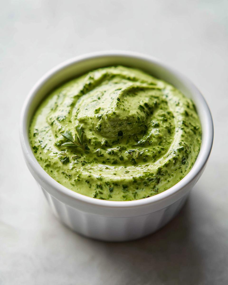 Close-up of rich, vibrant Homemade Green Goddess Dressing swirled in a small white ramekin, garnished with a herb sprig.