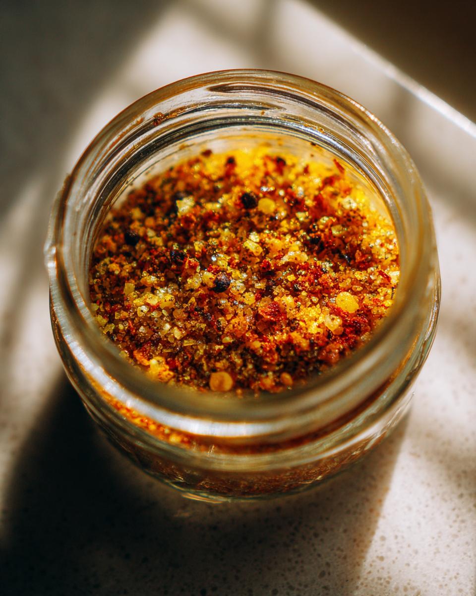Close-up of homemade lemon pepper seasoning in a small glass jar, showing its coarse texture and vibrant yellow and black flecks.