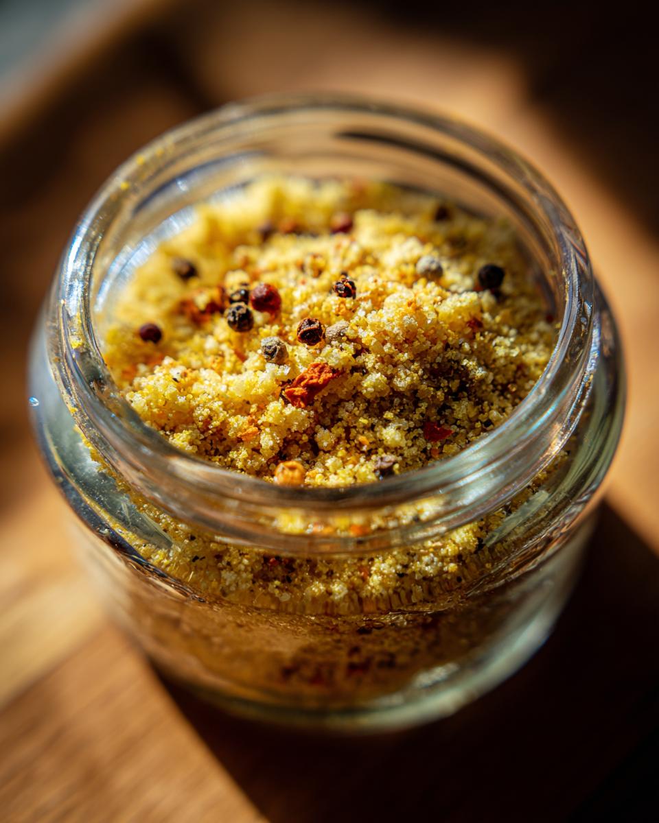 Close-up of a glass jar filled with homemade lemon pepper seasoning, showing visible peppercorns and spices.
