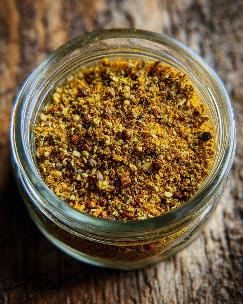 Close-up of a glass jar filled with vibrant Homemade Lemon Pepper Seasoning.