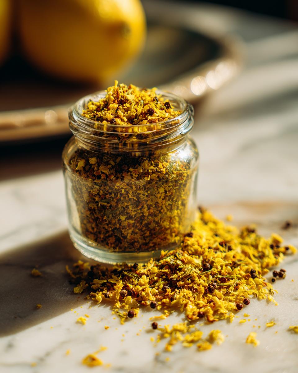 A small glass jar filled with vibrant Homemade Lemon Pepper Seasoning, with some spilled on a marble surface.