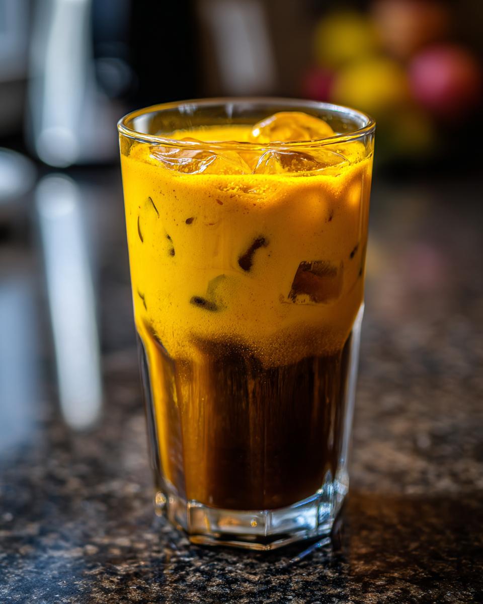 Close-up of a layered Honey Turmeric Iced Latte with dark coffee on the bottom and bright yellow turmeric milk mixture on top with ice.