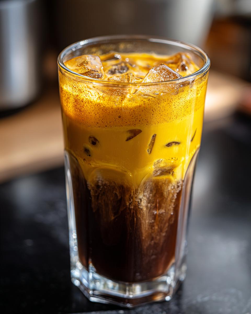 Close-up of a tall glass containing a layered Honey Turmeric Iced Latte with dark coffee below and bright yellow foam on top.