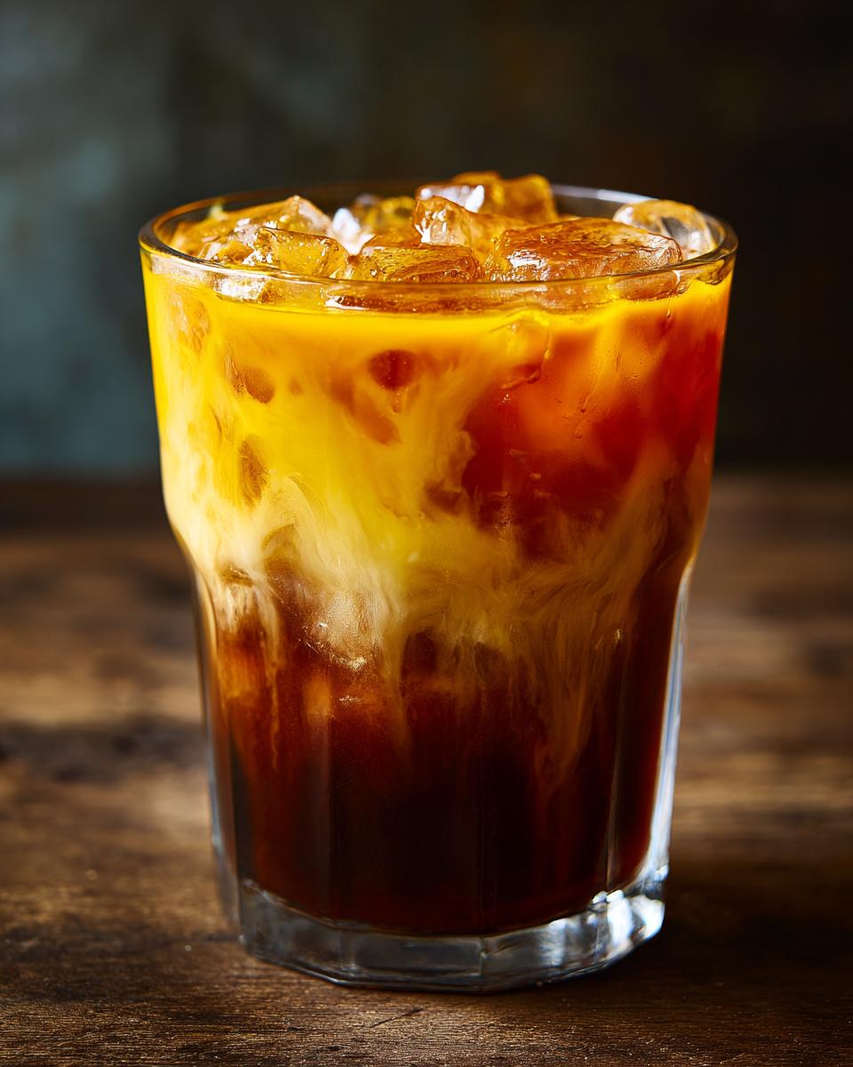 Close-up of a tall glass containing an iced Honey Turmeric Iced Latte, showing dark coffee swirling with bright yellow turmeric milk.