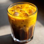 A tall glass filled with a layered Honey Turmeric Iced Latte, showing dark coffee below and bright yellow foam/milk mixture with ice on top.