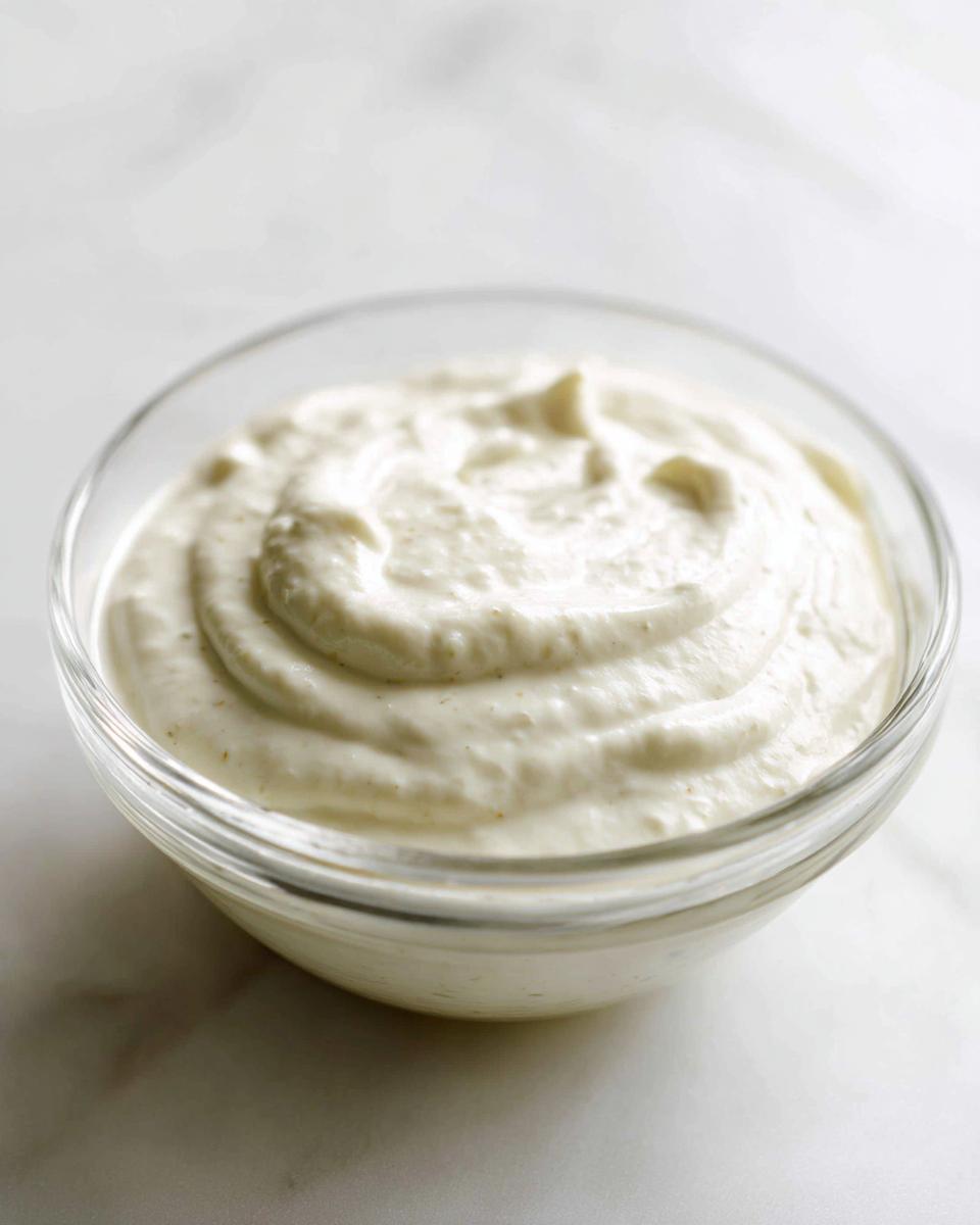 Close-up of thick, creamy Vegan Ranch Dressing swirled in a small clear glass bowl on a white marble surface.