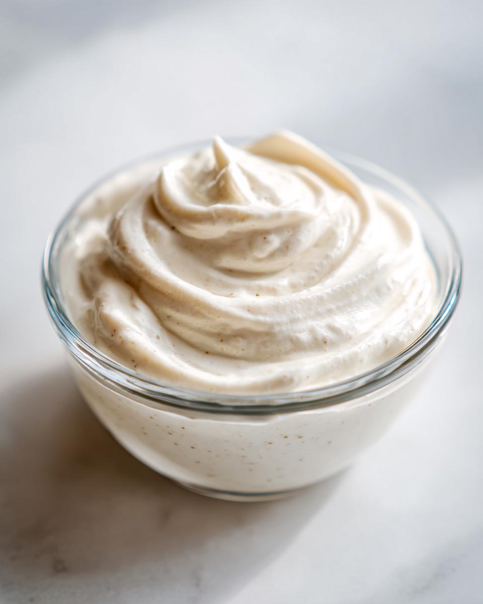 A close-up of thick, creamy vegan ranch dressing swirled high in a small glass bowl.