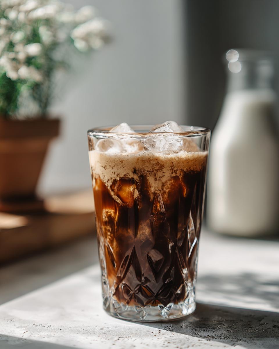 A refreshing Iced Vanilla Latte With Quinoa Milk in a glass, filled with ice and topped with foam.