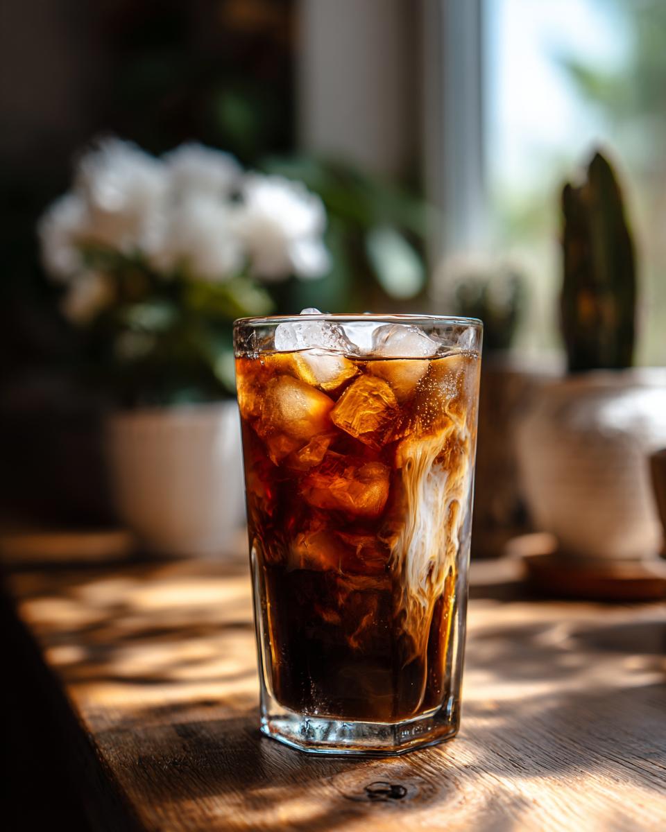 A tall glass of Iced Vanilla Latte With Quinoa Milk, filled with ice and swirling creamy vanilla.