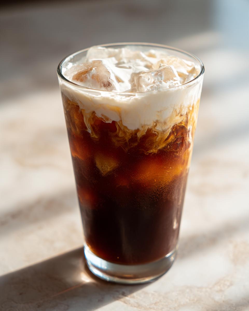 Close-up of an Iced Vanilla Sweet Cream Cold Brew Latte with ice cubes and swirling cream.