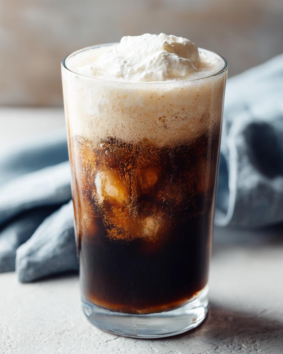 A refreshing Iced Vanilla Sweet Cream Cold Brew Latte topped with whipped cream and foam.