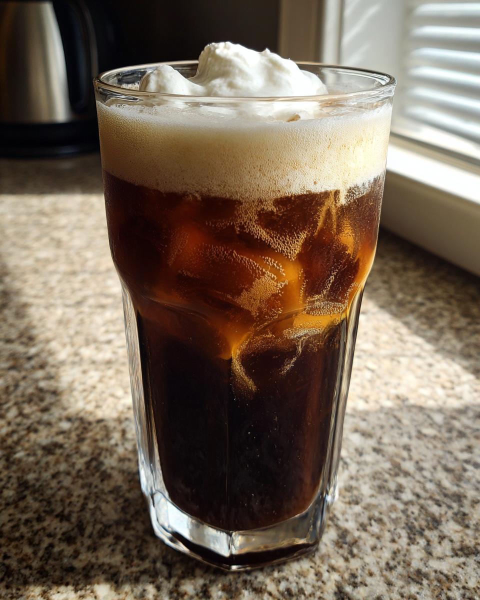A tall glass filled with Iced Vanilla Sweet Cream Cold Brew Latte, ice, and topped with whipped cream.