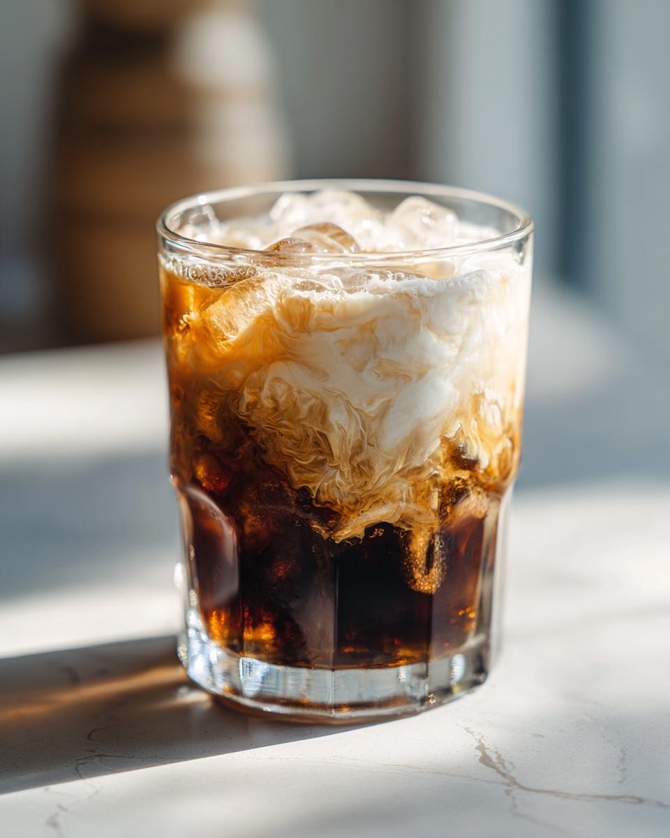 Close-up of an Iced Vanilla Sweet Cream Cold Brew Latte with swirling cream and ice.