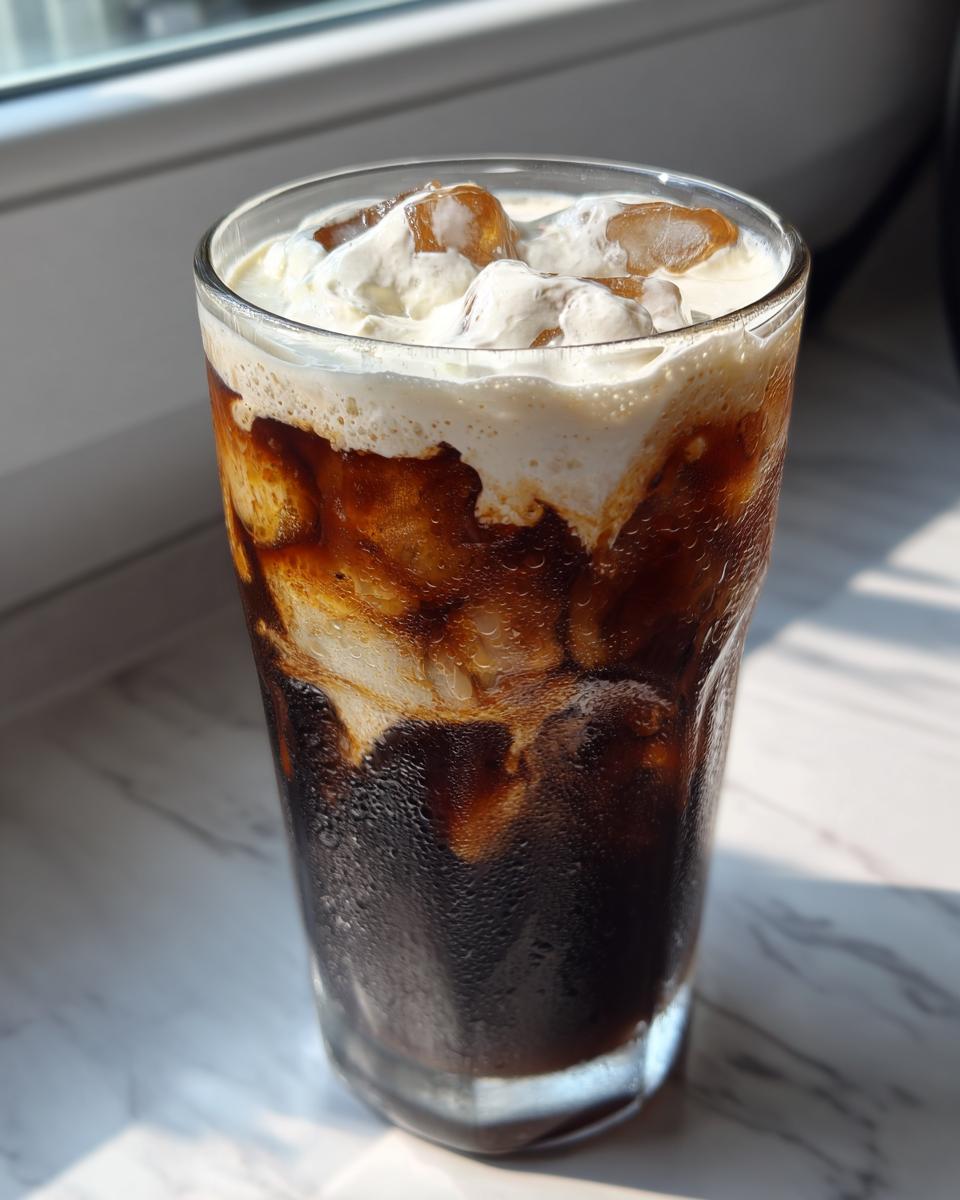 Close-up of a tall glass filled with an Iced Vanilla Sweet Cream Latte Copycat, showing dark coffee, ice, and a thick layer of sweet cream on top.
