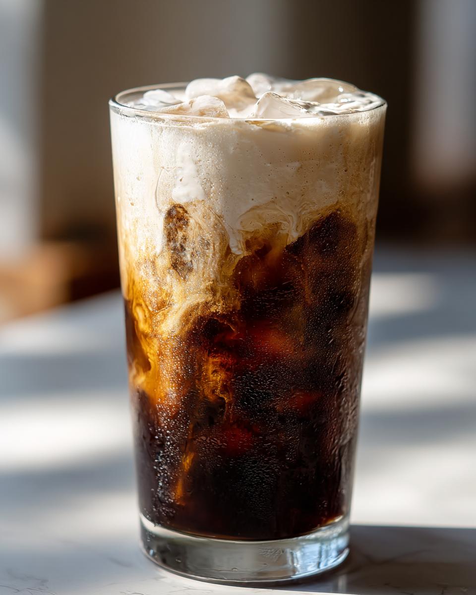 Close-up of an Iced Vanilla Sweet Cream Latte Copycat with dark coffee, ice, and creamy vanilla topping swirling together.