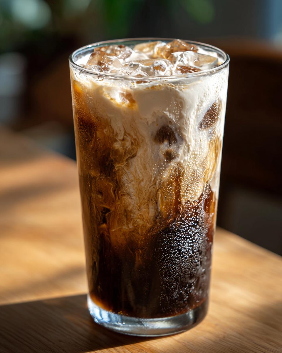 A tall glass filled with ice, dark coffee, and swirling sweet cream, perfect for an Iced Vanilla Sweet Cream Latte Copycat.