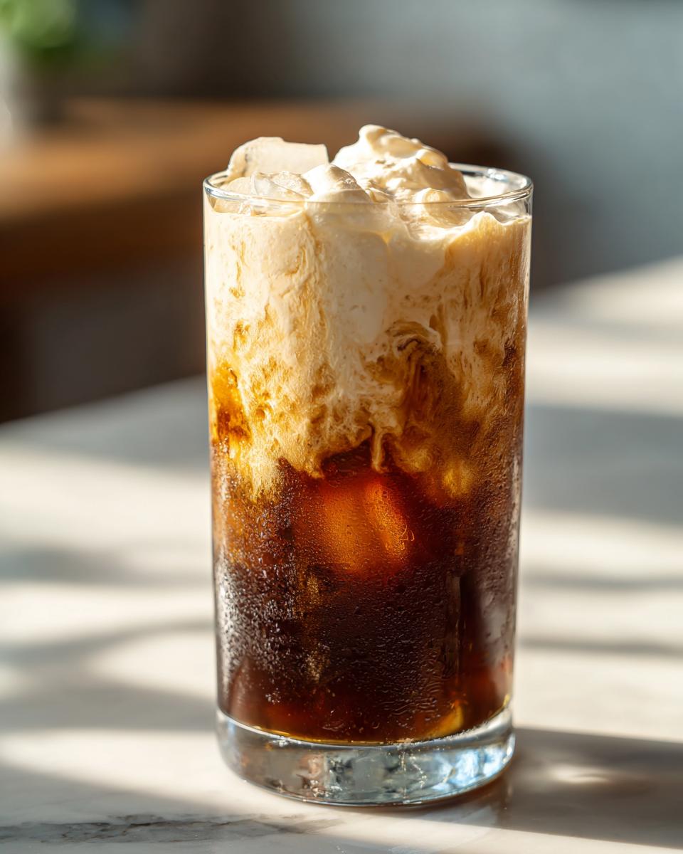 Close-up of a tall glass filled with an Iced Vanilla Sweet Cream Latte Copycat, showing dark coffee, ice, and swirling sweet cream.