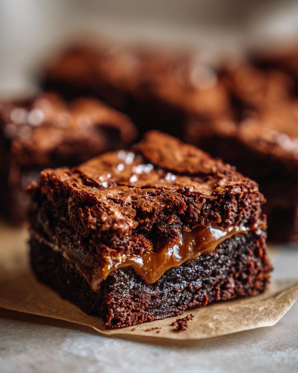 Close-up of an Irresistible Caramel Brownie with a gooey caramel filling and flaky sea salt.