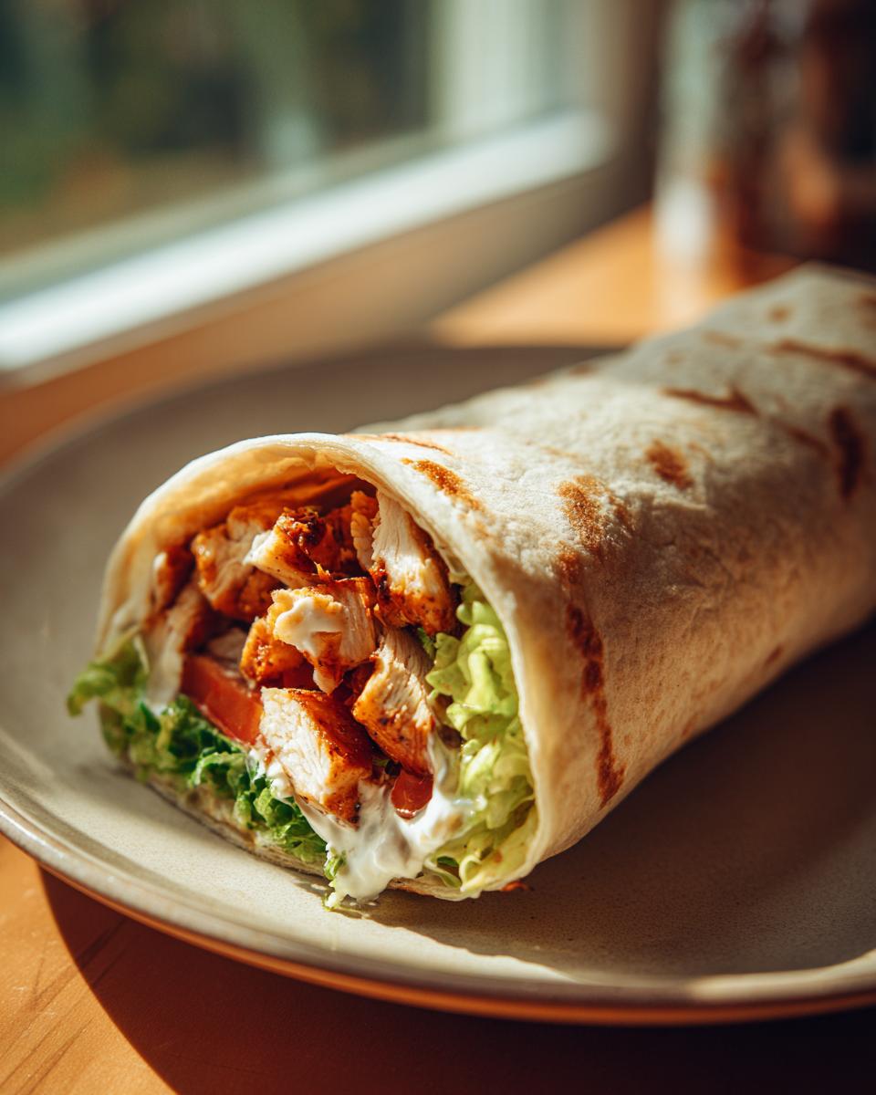 A close-up of an Irresistible Chicken Caesar Wrap filled with grilled chicken, lettuce, tomato, and creamy dressing.