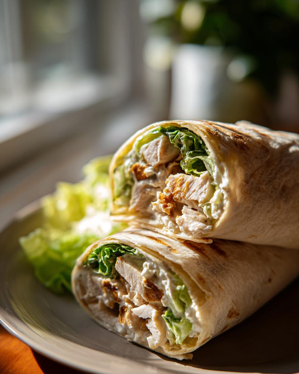 Close-up of a halved Irresistible Chicken Caesar Wrap, showing grilled chicken, romaine lettuce, and creamy Caesar dressing.