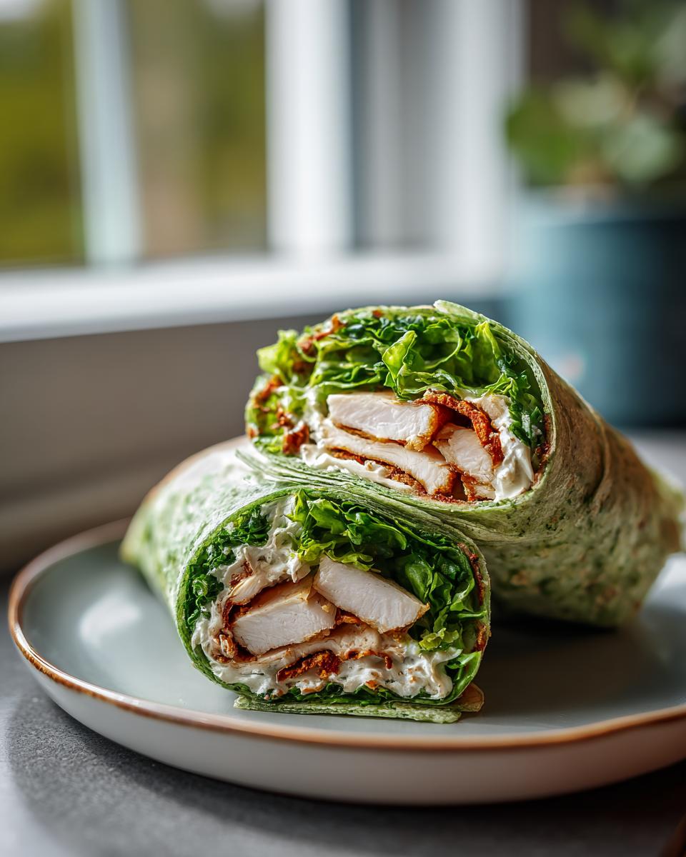 Close-up of an Irresistible Chicken Caesar Wrap cut in half, showing tender chicken, crisp lettuce, and creamy dressing.