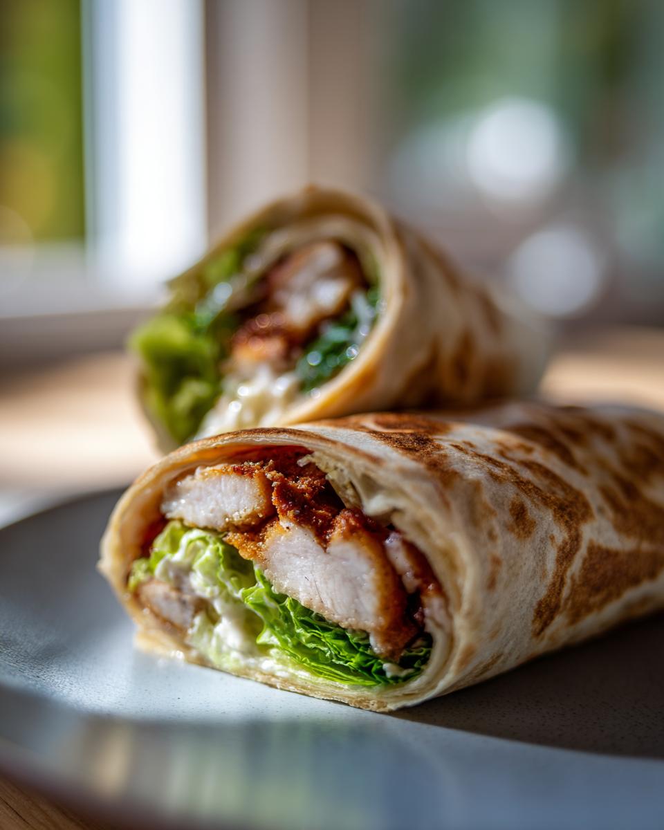 Close-up of a halved Irresistible Chicken Caesar Wrap, showing crispy chicken, fresh lettuce, and creamy dressing.