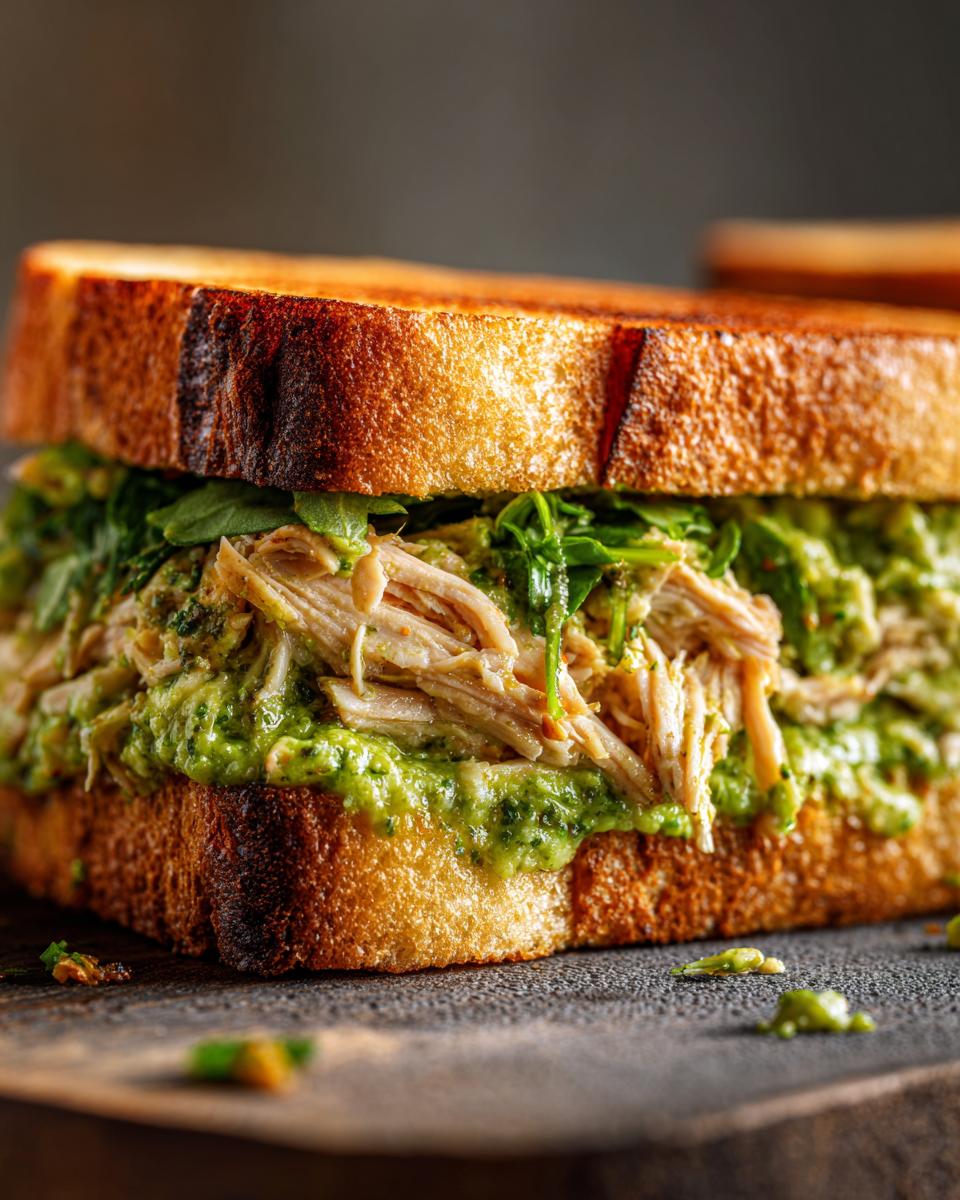 A close-up of an irresistible chicken pesto sandwich on toasted bread, showcasing shredded chicken and vibrant green pesto.