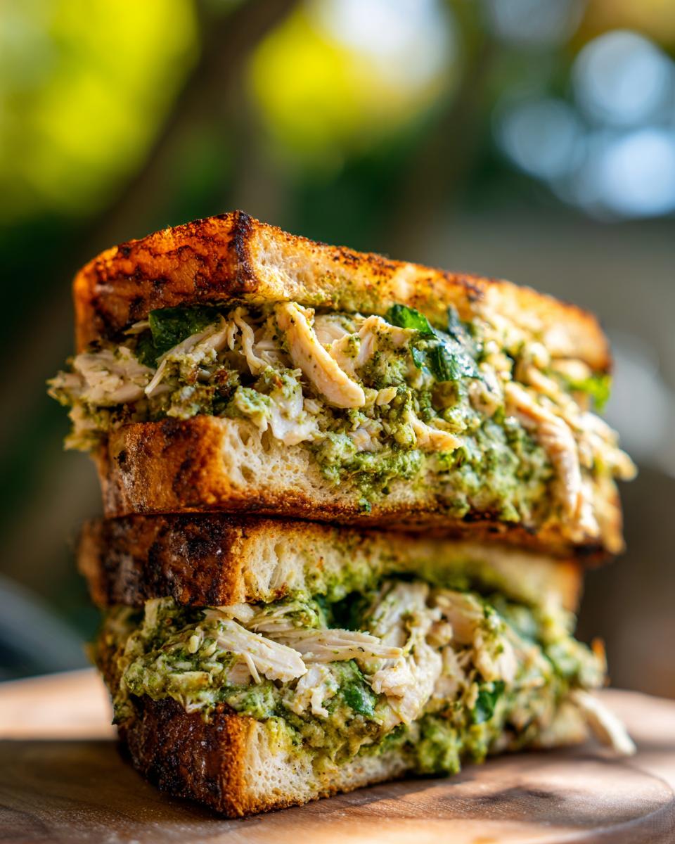 A close-up of an irresistible chicken pesto sandwich, stacked high with shredded chicken and vibrant pesto on toasted bread.
