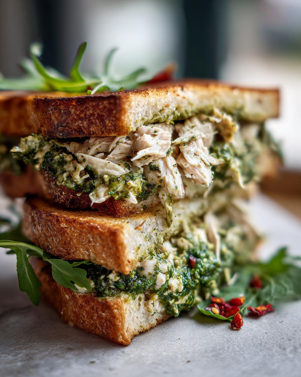 Close-up of an irresistible chicken pesto sandwich stacked high with shredded chicken and vibrant pesto on toasted bread, garnished with arugula.