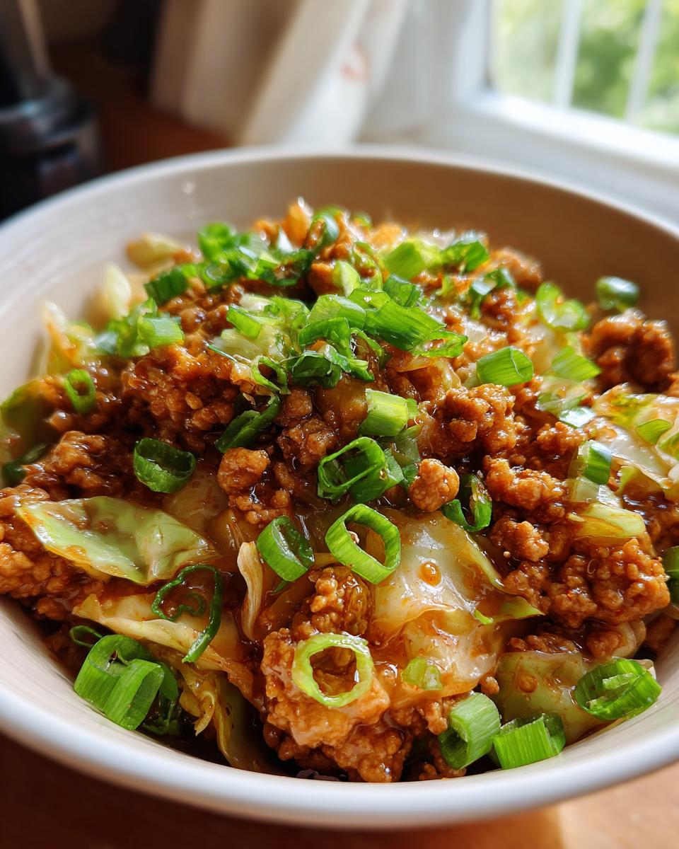 Close-up of a bowl filled with Irresistible Egg Roll In A Bowl, featuring ground meat and cabbage topped with fresh green onions.