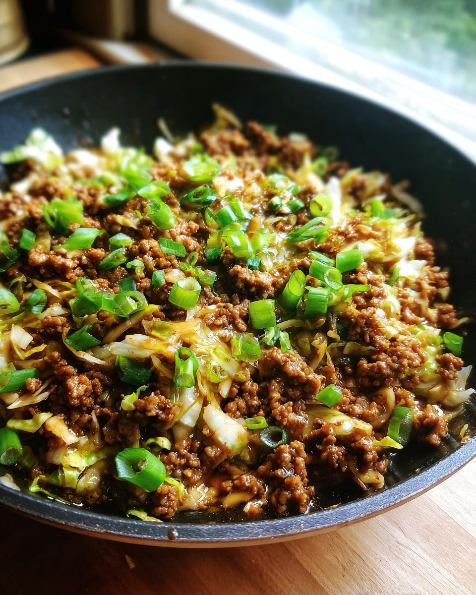 Close-up of a skillet filled with Irresistible Egg Roll In A Bowl, a flavorful mix of ground meat and cabbage topped with fresh green onions.