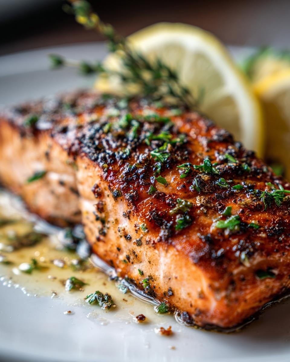 Close-up of an irresistible garlic butter salmon fillet, glistening with butter and herbs, served with lemon slices.