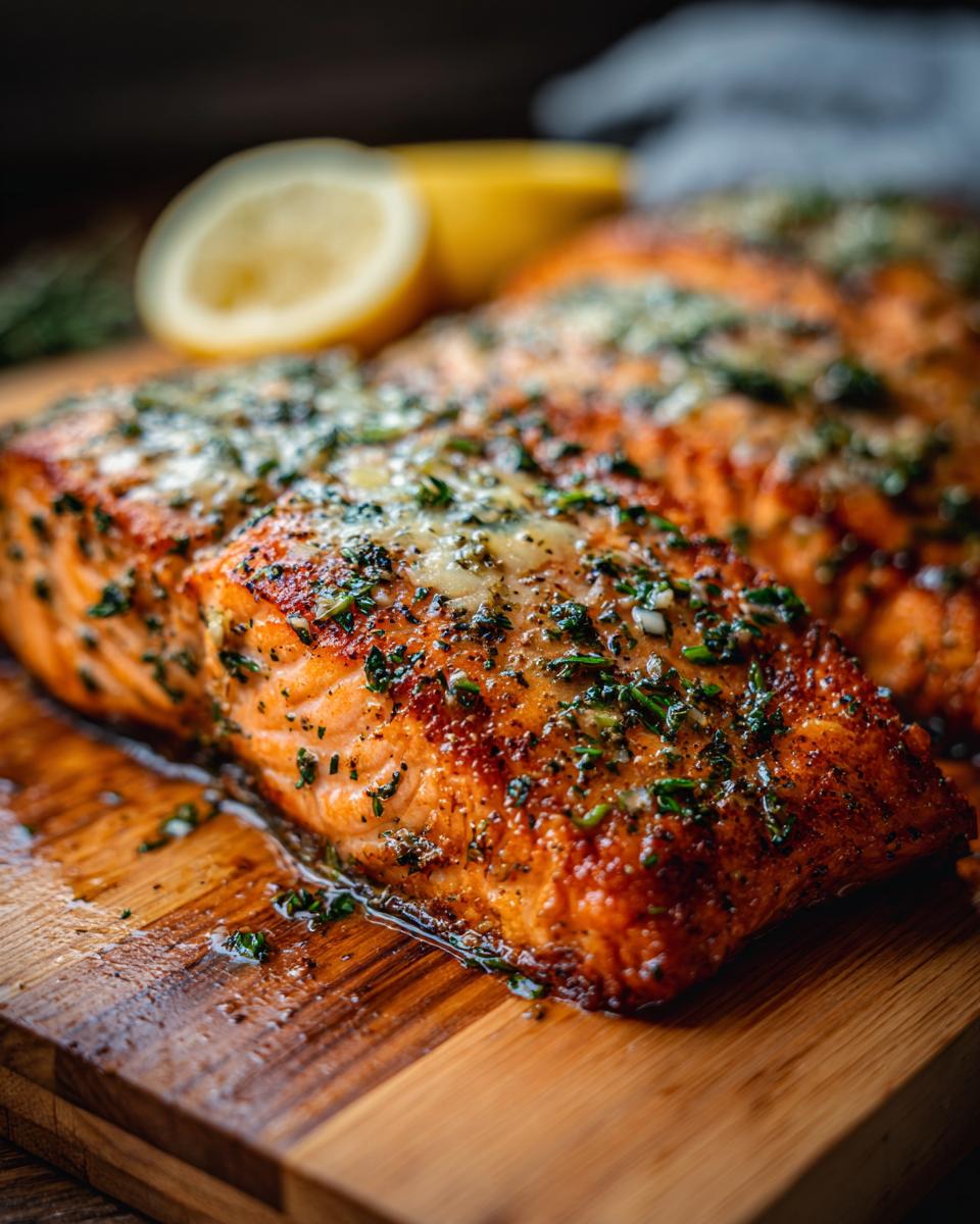 Close-up of an Irresistible Garlic Butter Salmon fillet seasoned with herbs and lemon on a wooden board.