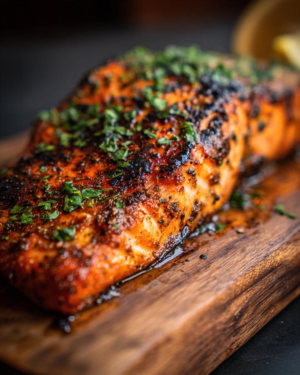 Close-up of an irresistible garlic butter salmon fillet, perfectly cooked and seasoned, on a wooden board.