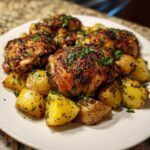 A close-up of a white plate filled with Irresistible Garlic Parmesan Chicken and Potatoes, garnished with parsley.