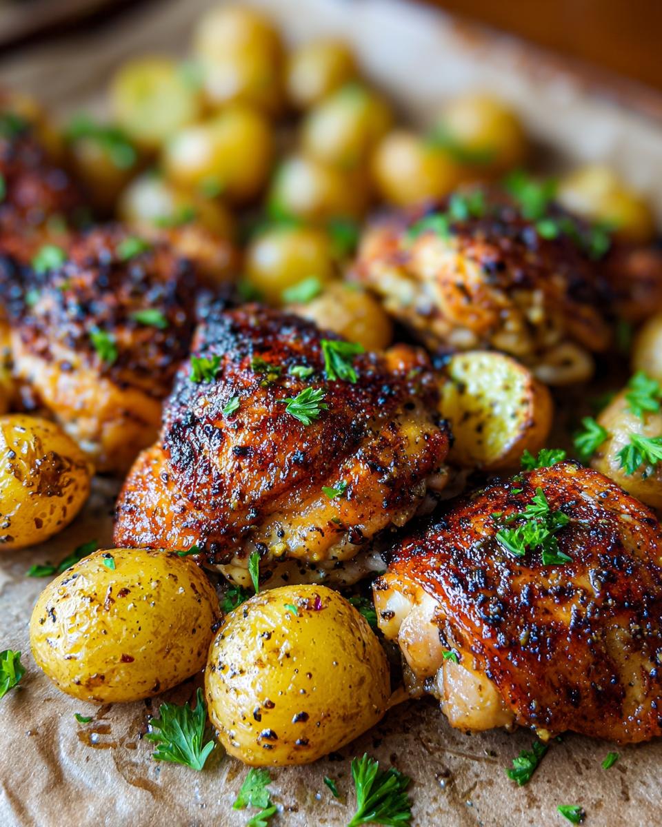 Close-up of Irresistible Garlic Parmesan Chicken and Potatoes, with golden-brown chicken thighs and roasted baby potatoes sprinkled with parsley.
