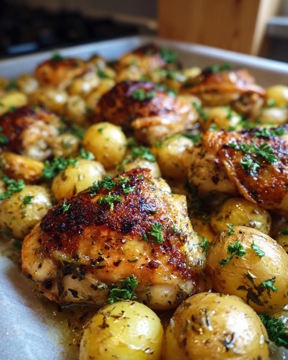 Close-up of Irresistible Garlic Parmesan Chicken and Potatoes, garnished with fresh parsley.