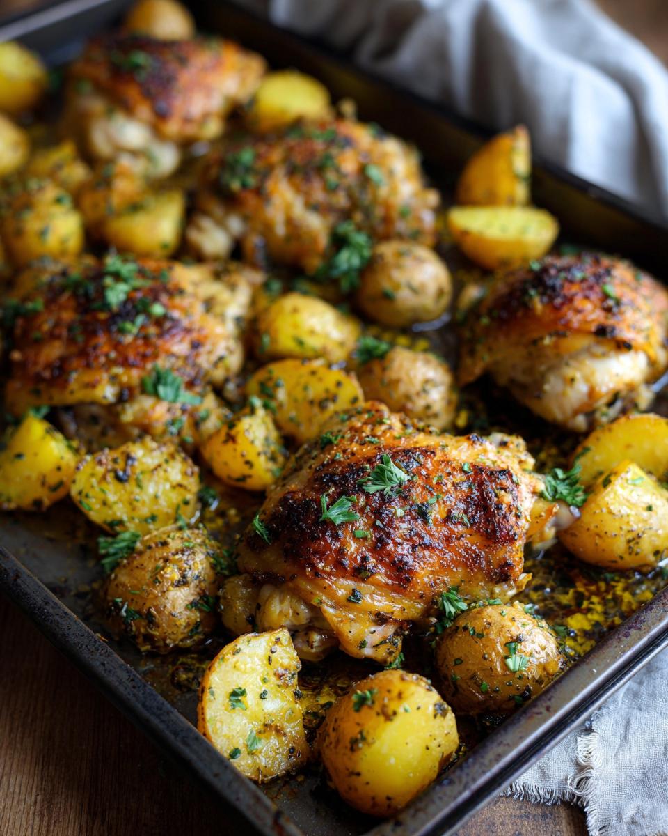 Close-up of Irresistible Garlic Parmesan Chicken and Potatoes on a baking sheet, garnished with parsley.