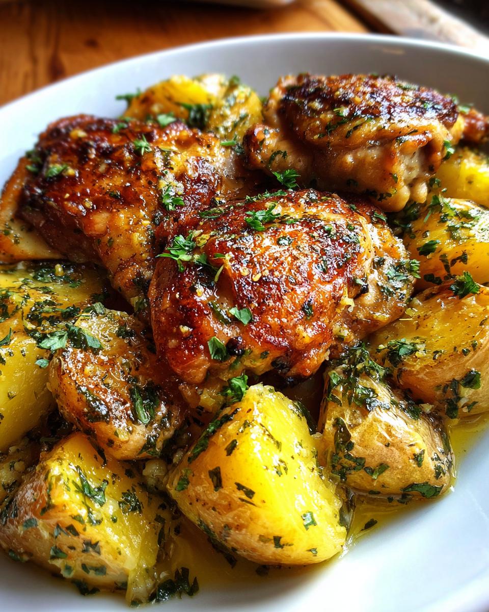 Close-up of Irresistible Garlic Parmesan Chicken and Potatoes, featuring golden-brown chicken thighs and roasted potato wedges, all tossed in a garlicky, herby sauce.