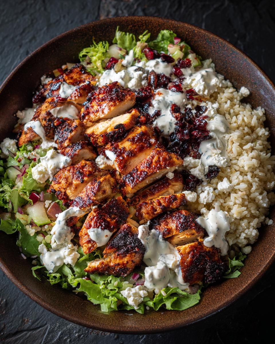 Close-up of Irresistible Greek Chicken Bowls featuring grilled chicken, rice, feta cheese, lettuce, and a creamy dressing.