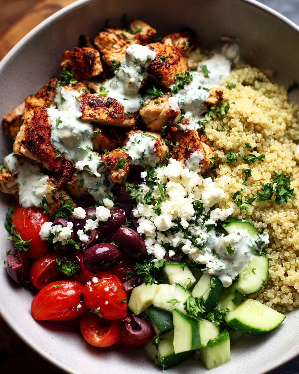 Close-up of Irresistible Greek Chicken Bowls with seasoned chicken, quinoa, tomatoes, olives, cucumber, feta, and tzatziki sauce.