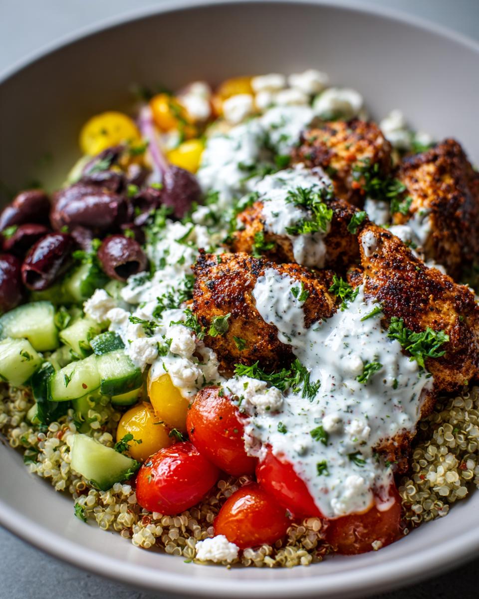 A close-up of Irresistible Greek Chicken Bowls, featuring seasoned chicken, quinoa, tomatoes, cucumbers, olives, feta, and tzatziki sauce.