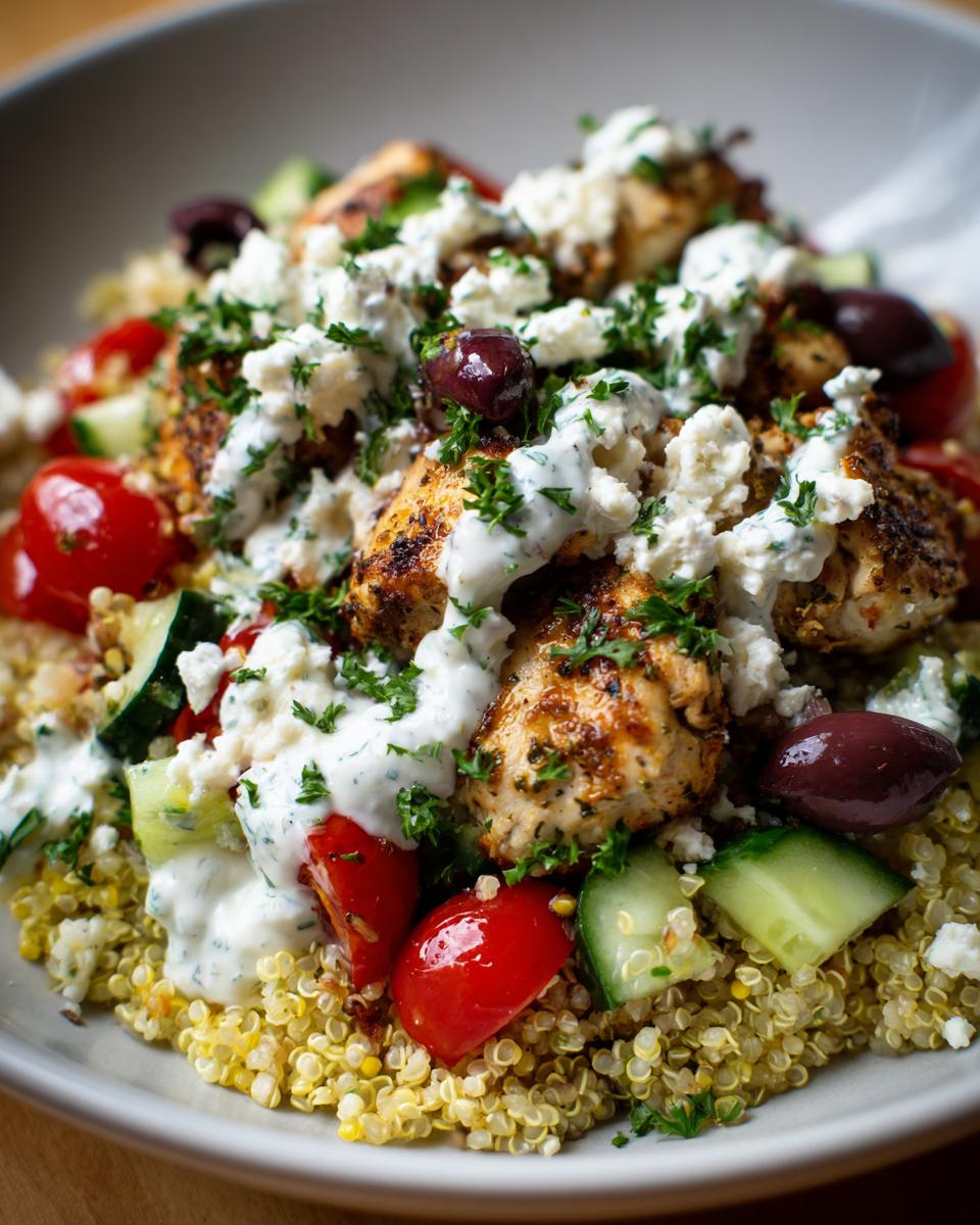 Close-up of Irresistible Greek Chicken Bowls with quinoa, grilled chicken, tomatoes, cucumbers, olives, feta, and tzatziki sauce.