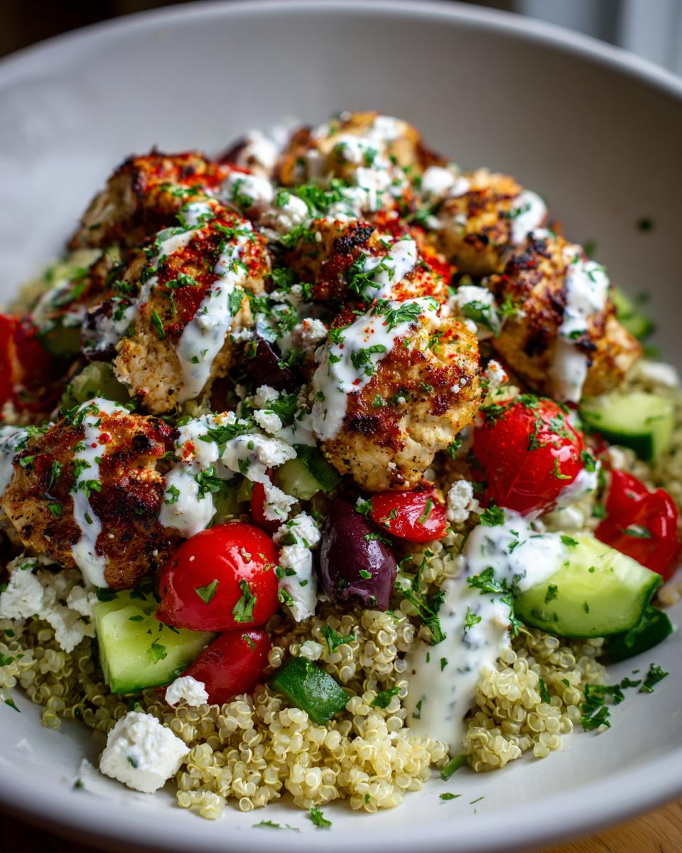 Close-up of Irresistible Greek Chicken Bowls with grilled chicken, quinoa, tomatoes, cucumbers, olives, and feta cheese.
