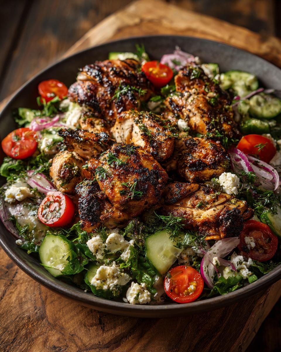 Close-up of Irresistible Greek Chicken Bowls, featuring grilled chicken, cucumbers, tomatoes, feta, and red onion.