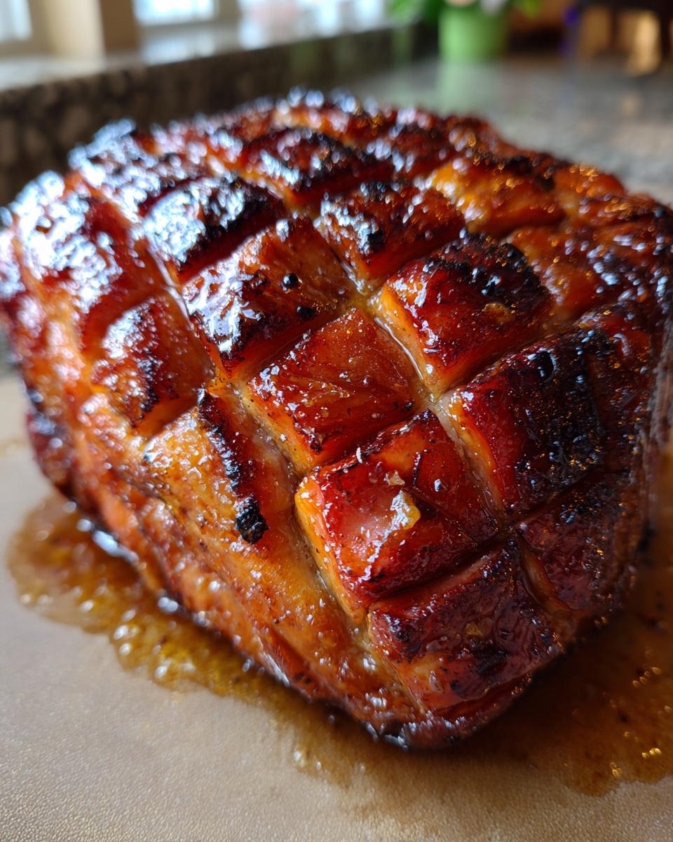 Close-up of a perfectly glazed ham, showcasing its glistening, caramelized surface with diamond score marks.