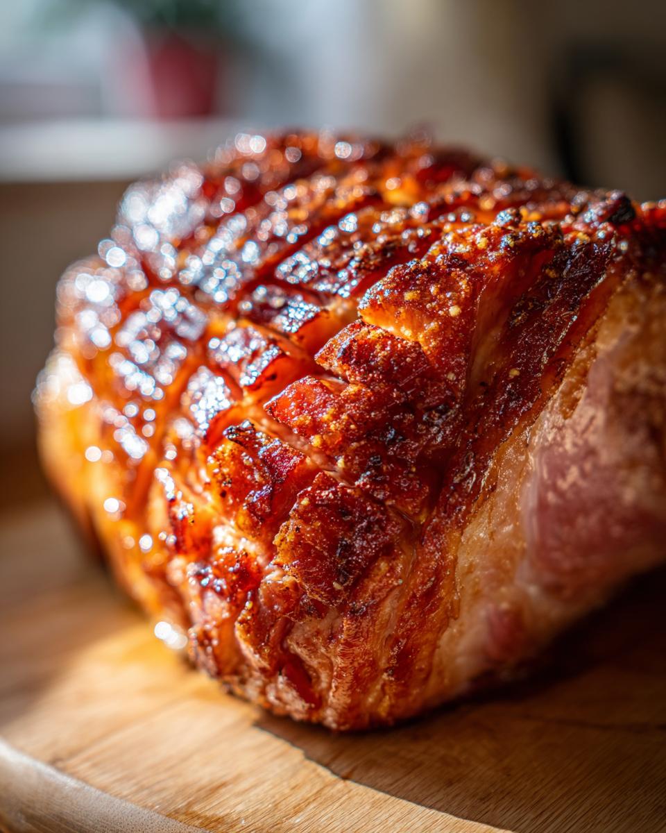 Close-up of a perfectly glazed ham with a diamond score pattern, showcasing its rich, caramelized crust from the irresistible ham glaze recipe.