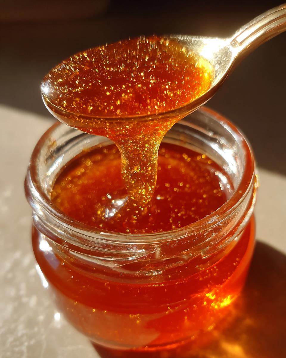 A close-up of Irresistible Honey BBQ Sauce dripping from a spoon into a glass jar, showcasing its thick, glossy texture.