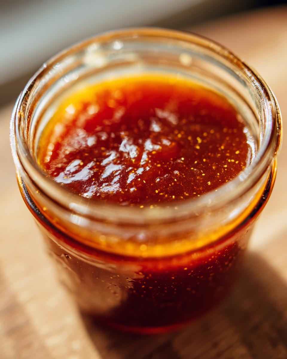 Close-up of a glass jar filled with Irresistible Honey BBQ Sauce, showing its rich, glossy texture.
